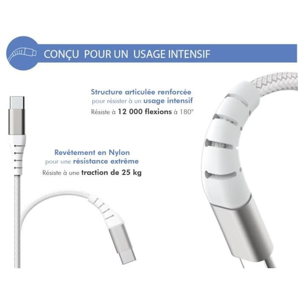 Förstärkt USB C/USB C-kabel 1,2 m 3A Livstidsgaranti Vit - 100 % återvunnen plast Force Power Lite