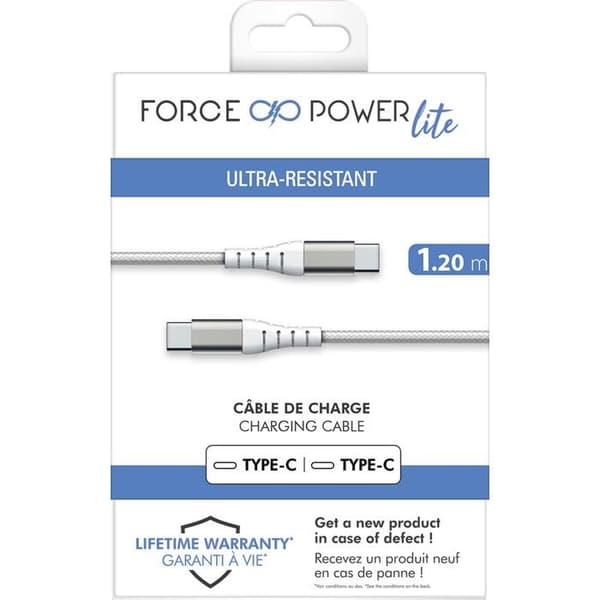 Förstärkt USB C/USB C-kabel 1,2 m 3A Livstidsgaranti Vit - 100 % återvunnen plast Force Power Lite