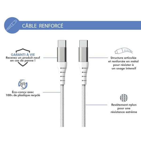 Förstärkt USB C/USB C-kabel 1,2 m 3A Livstidsgaranti Vit - 100 % återvunnen plast Force Power Lite