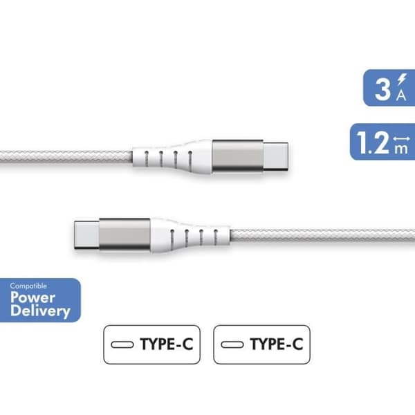 Förstärkt USB C/USB C-kabel 1,2 m 3A Livstidsgaranti Vit - 100 % återvunnen plast Force Power Lite