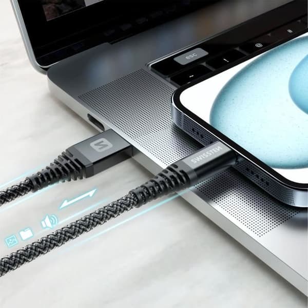 USB C-kabel - SWISSTEN - 1,5 m - 60W snabbladdning - Aramidfiber - Anti-trassel
