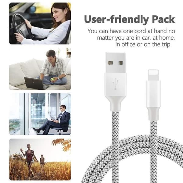 Telefonkabel [5-pack 3/3/6/6/10 fot] Nylonflätad aluminiumkontakt kompatibel med iPhone XS/XR/X/8/8 Plus - Silvergrå