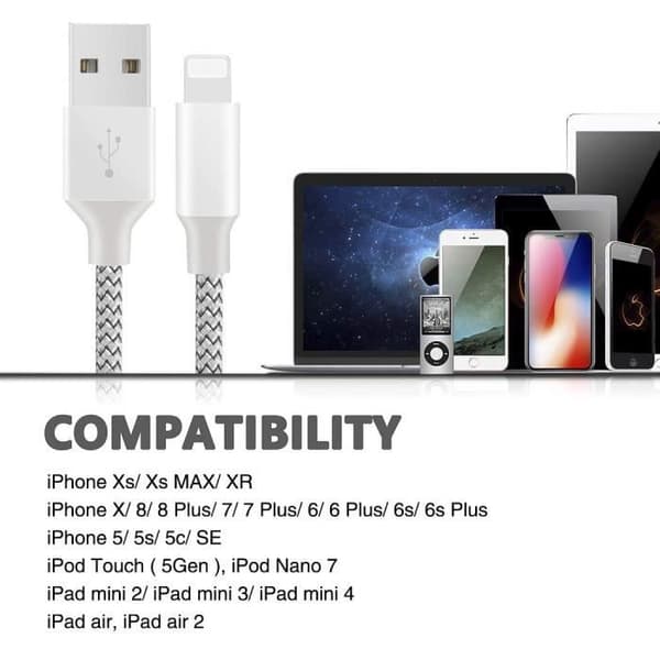 Telefonkabel [5-pack 3/3/6/6/10 fot] Nylonflätad aluminiumkontakt kompatibel med iPhone XS/XR/X/8/8 Plus - Silvergrå