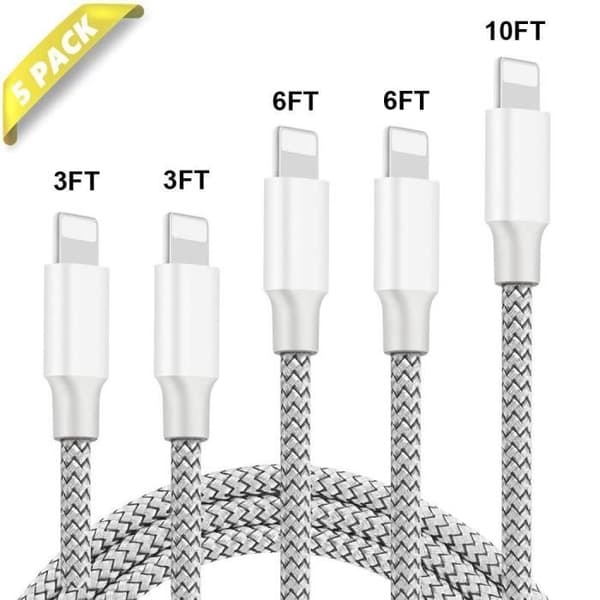 Telefonkabel [5-pack 3/3/6/6/10 fot] Nylonflätad aluminiumkontakt kompatibel med iPhone XS/XR/X/8/8 Plus - Silvergrå
