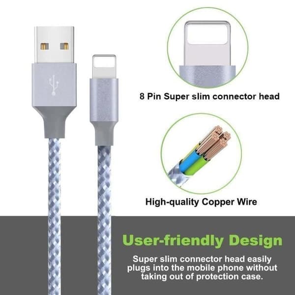 3-pack 2 m telefonkabel Nylonflätad aluminiumkontakt kompatibel med iPhone XS/XR/X/8/8 Plus/7/7 Plus/6S/6S - Vit