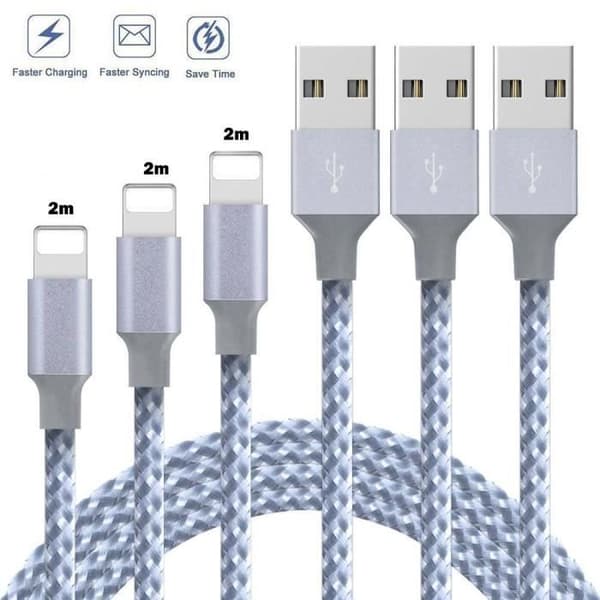 3-pack 2 m telefonkabel Nylonflätad aluminiumkontakt kompatibel med iPhone XS/XR/X/8/8 Plus/7/7 Plus/6S/6S - Vit