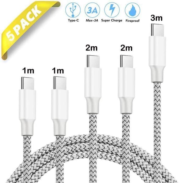 USB Typ C-kabel [5-pack 1/1/2/2/3m] Nylon snabbladdningsladdare för Samsung S9/S9plus/S8/A7 A5 A3 2017, Huawei P30/P20