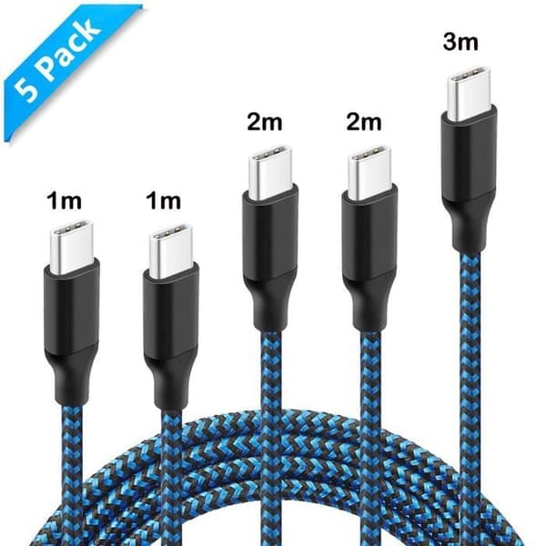 USB Type C-kabel [5-Pack 1/1/2/2/3m] Nylon snabbladdningsladdare för Samsung S9/S9plus/S8/A7 A5 A3 2017, Huawei P30-blå