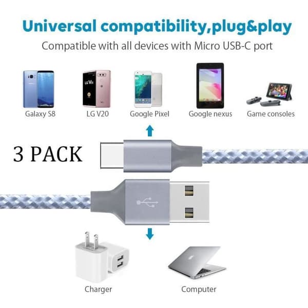 USB Type C-kabel [paket med 3/2M] Nylon snabbladdningsladdare för Samsung S9/S9plus/S8/A7 A5 A3 2017, Huawei P30/P20/P20