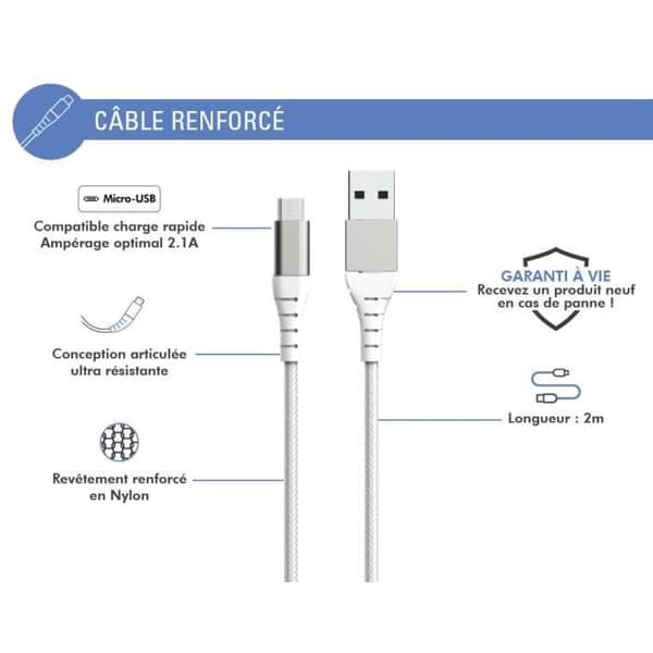 USB A/micro USB-kabel Livstidsgaranti 2 m 2.1A White Force Power