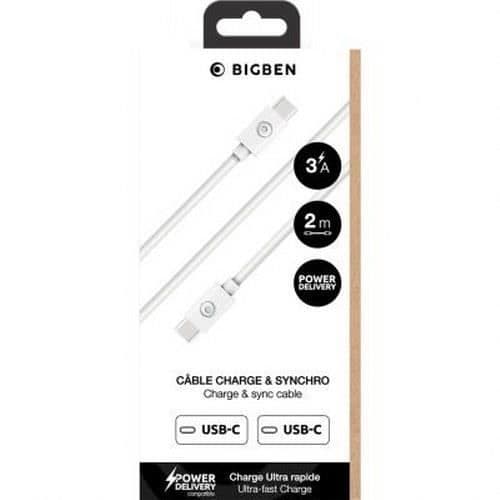 USB C / USB C-kabel 3A strömförsörjning Laddning och synkronisering 2m BigBen ansluten Vit
