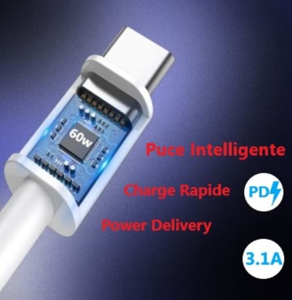60W USB C till USB C-kabel - 1 meter för ZTE Axon 60 Lite, 3.1A PD snabbladdningskabel