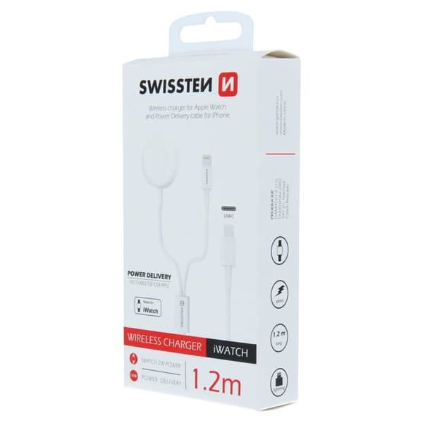 Swissten - 22055510 - Magnetisk, Lightning- och USB-C-kabel för snabbladdning av Apple Watch och iPhone (1,2 m) - Vit