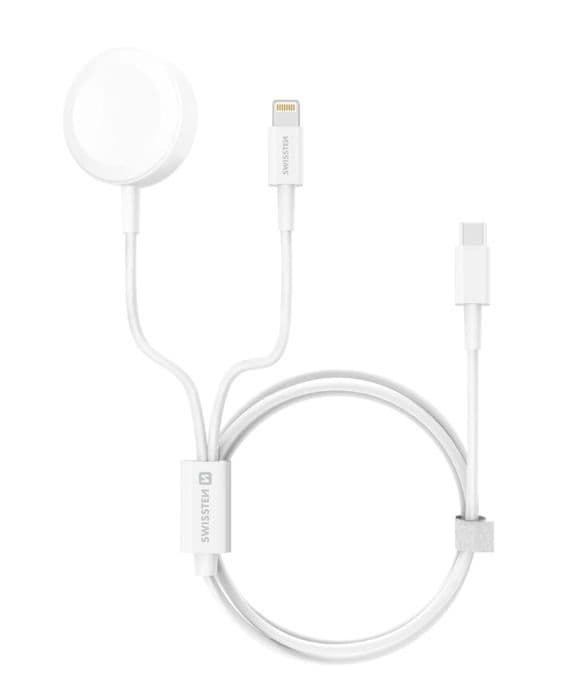 Swissten - 22055510 - Magnetisk, Lightning- och USB-C-kabel för snabbladdning av Apple Watch och iPhone (1,2 m) - Vit