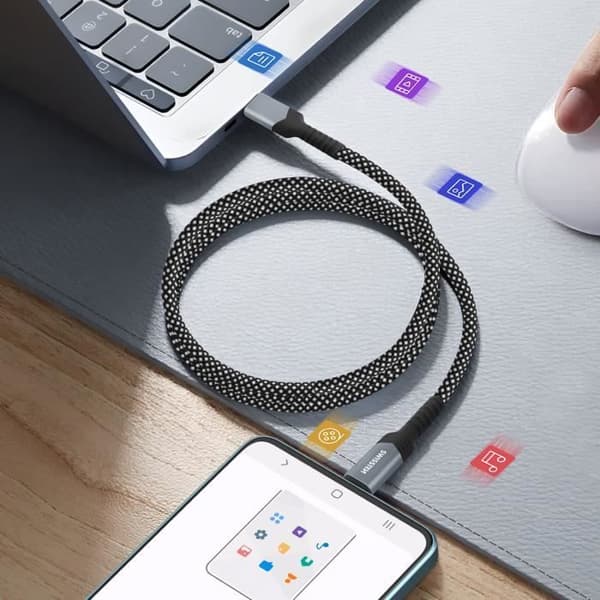 USB-C till USB-C-kabel - Swissten - 60W - Automatisk uppdragning - 1m - Svart