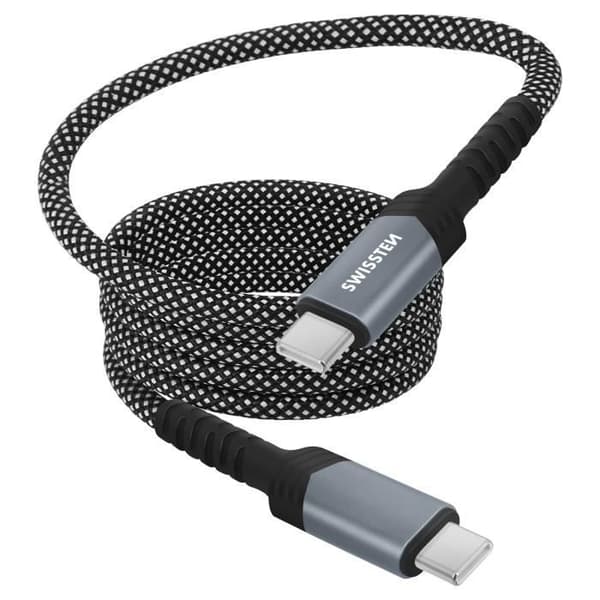 USB-C till USB-C-kabel - Swissten - 60W - Automatisk uppdragning - 1m - Svart