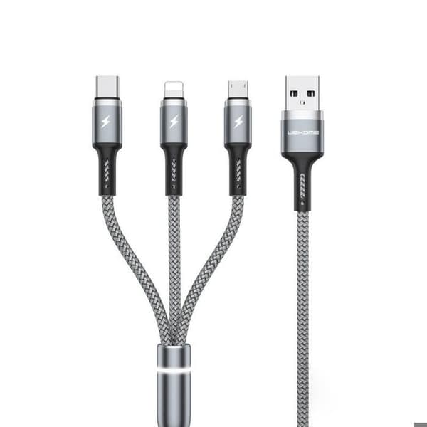 WEKOME WDC-119 Fython-serien - 3-i-1 USB-A till Lightning + USB-C + Micro USB PD-anslutningskabel 1,2 m (silver)