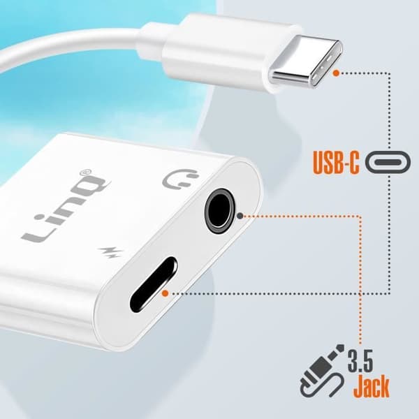 LinQ USB C Strömförsörjning och 3,5 mm Audio Jack Laddningsadapter Vit