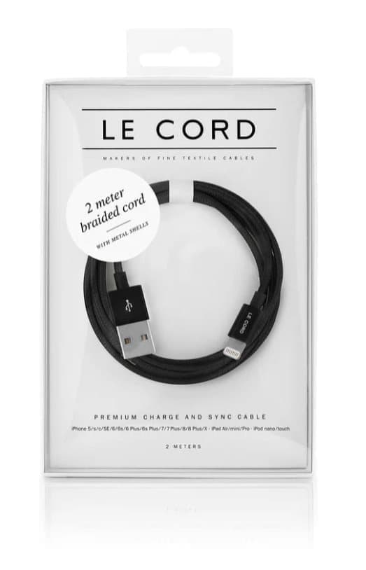 2m Black charging cable, lightning. Laddsladd, laddkabel