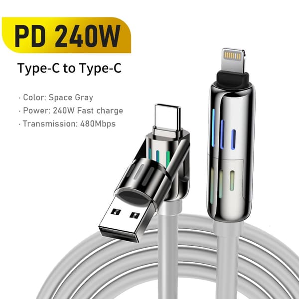 BW-HDC6 4-i-1 USB-kabel 1,2M RGB andningsljus PD 240W Snabbladdningskabel Zinklegering Skal & flytande silikon Datakabel - Grå