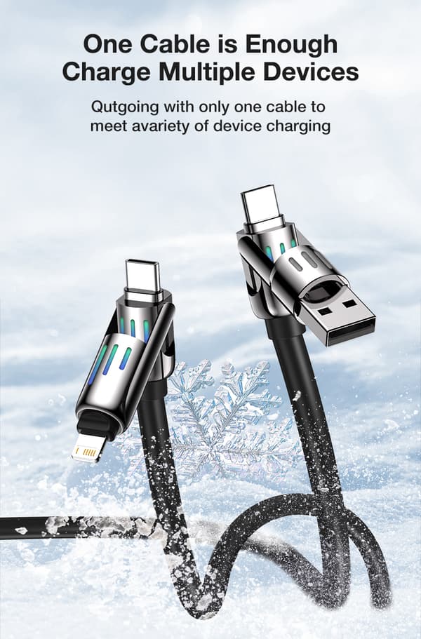 BW-HDC6 4-i-1 USB-kabel 1.2M RGB åndelys PD 240W Hurtigopladningskabel Zinklegering Shell & Flydende Silikone Datakabel - Sort