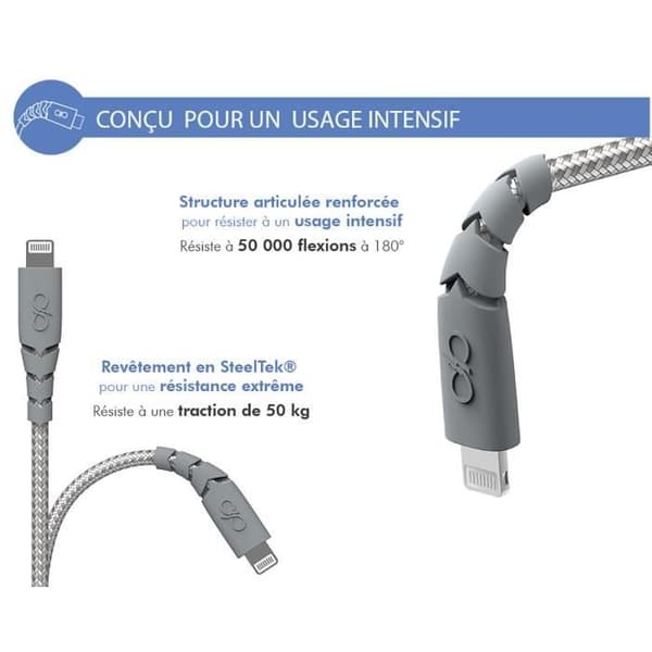 Câble Lightning MFi till USB-C 3A Ultra-Förstärkt Laddning och Synkronisering 2m Force Power Grå