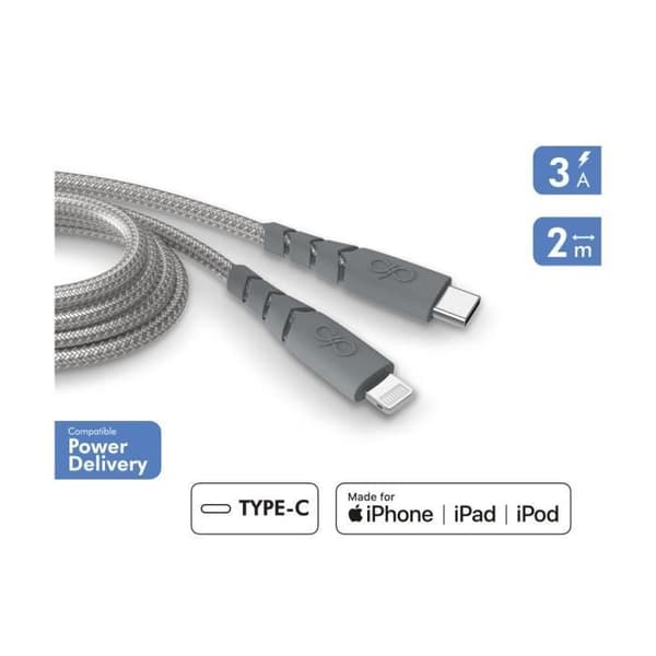 Câble Lightning MFi till USB-C 3A Ultra-Förstärkt Laddning och Synkronisering 2m Force Power Grå