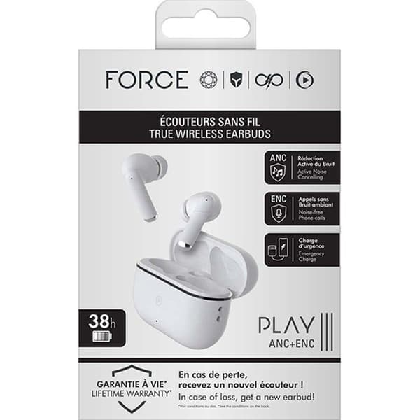 Force Play III True Wireless ANC+ENC hörlurar Vita - Force Play livstidsgaranti