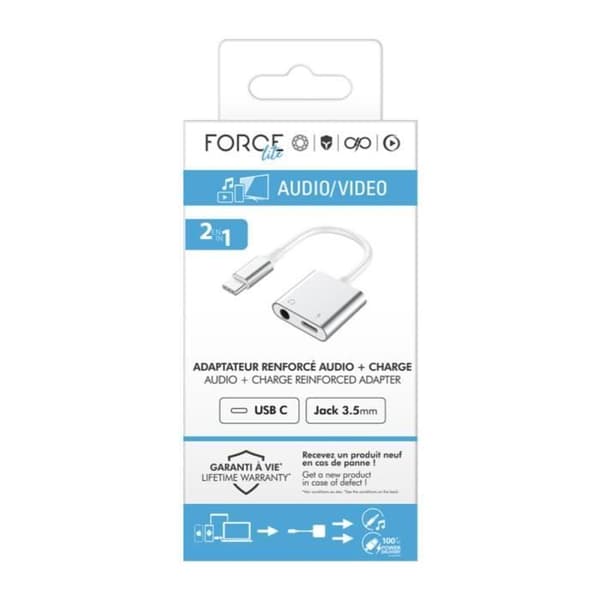 Adapter 2 i 1 - FORCE POWER - USB-C till Jack 3.5mm - Vit - Snabbladdning - Förlustfri ljud