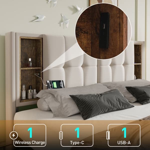 Doppelbett med kabellös laddad USB C&amp; 4 Schubladen , Polsterbett Bettgestell 160x200cm, Lattenrost aus Holz-Beige Samt(Mit Matratze)