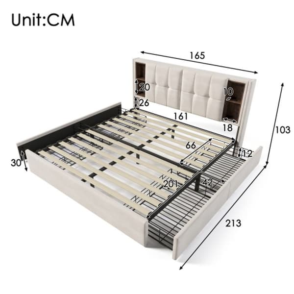 Doppelbett med kabellös laddad USB C&amp; 4 Schubladen , Polsterbett Bettgestell 160x200cm, Lattenrost aus Holz-Beige Samt(Mit Matratze)