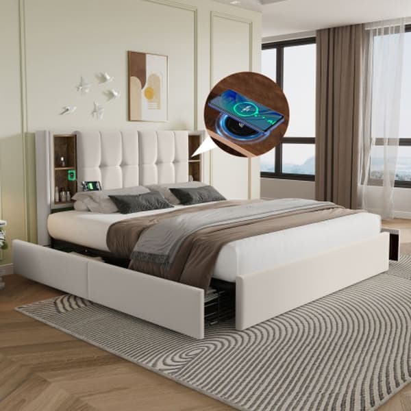 Doppelbett med kabellös laddad USB C&amp; 4 Schubladen , Polsterbett Bettgestell 160x200cm, Lattenrost aus Holz-Beige Samt(Mit Matratze)