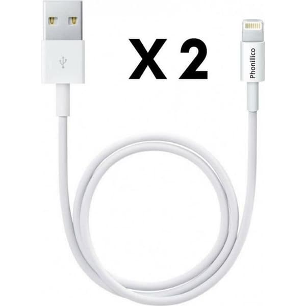 Lot 2 USB-laddningskablar vita för iPhone 11 / 11 PRO / 11 PRO MAX - Laddningskabel mäter 1 meter [Phonillico®]