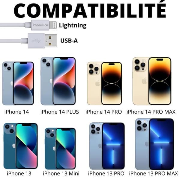 Kabel 20cm USB Lightning Laddare Vit för iPhone 14 / 14 PLUS / 14 PRO / 14 PRO MAX / 13 / 13 MINI / 13 PRO / 13 PRO MAX Phonillico