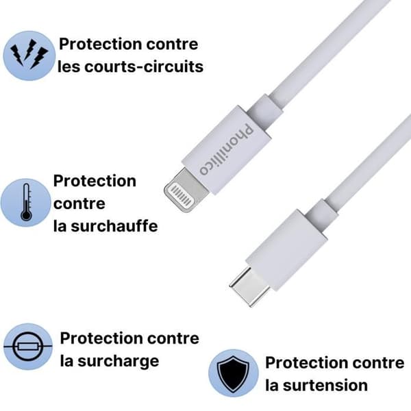 Kabel 20cm USB-C Lightning Laddare Vit för iPhone X/XS/XS MAX/XR/7/7 PLUS/8/8 PLUS/6/6S/6 PLUS/5/5S/SE/AirPods Phonillico