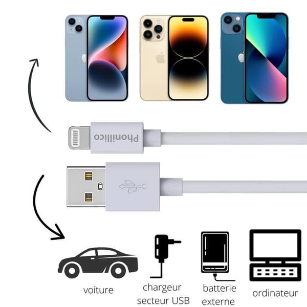 Lot 3 Kabel 20 cm USB Lightning Laddare Vit för iPhone 14/14 PLUS/14 PRO/14 PRO MAX / 13 /13 MINI/13 PRO/13 PRO MAX Phonillico
