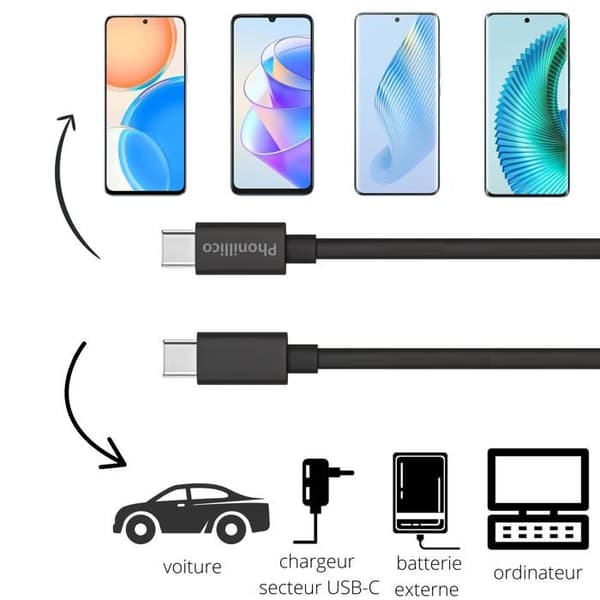 Lot 3 Kablar 20cm USB-C USB-C Svart för Honor Magic 5/ Magic 5 Lite / Magic 5 Pro / Magic 4 / Magic 4 Lite / Magic 4 Pro Phonillico®