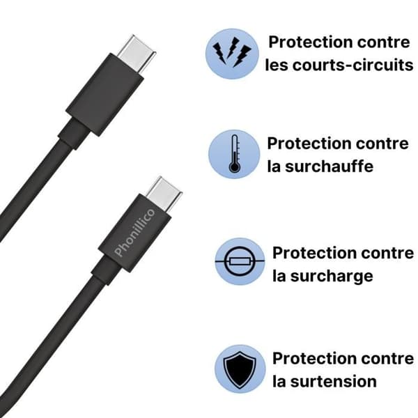 Lot med 2 Kablar 20cm USB-C till USB-C Svart för Xiaomi Redmi Note 12 / Redmi Note 12 Pro / Redmi Note 12 Pro Plus Phonillico®