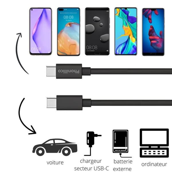 Lot 3 Kablar 20 cm USB-C USB-C Svart för Huawei Y8P / P SMART 2021 / P SMART S / P SMART Z Phonillico®