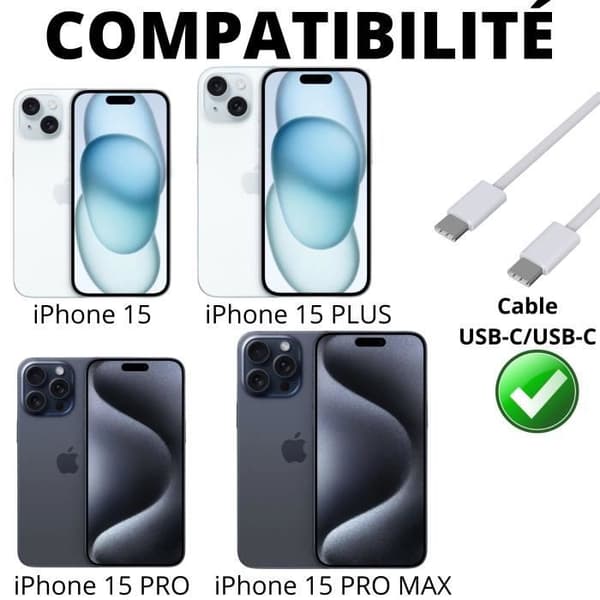 Lot med 2 USB-C till USB-C-kablar för iPhone 15 - 15 PLUS - 15 PRO - 15 PRO MAX - 2 meters vävd nylonkabel Phonillico®