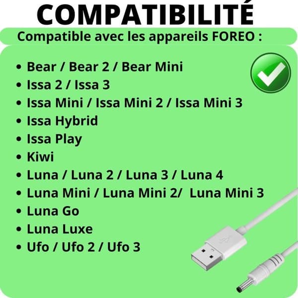 Laddningskabel 80 cm kompatibel med Foreo Luna/Luna 2/Luna 3/Luna 4/Luna Mini/Luna Mini 2/Luna Mini 3/Luna Go/Luxe/Bea/Ufo/Kiwi/Issa