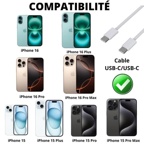 USB-C till USB-C-kabel för iPhone 16 / 16 PLUS / 16 PRO / 16 PRO MAX - 2 meter flätad nylonkabel Phonillico®