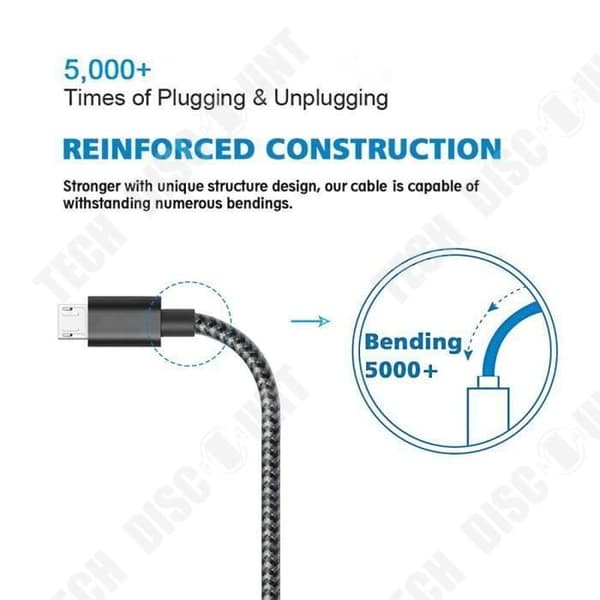 TD®-paket med 3 mikro-USB-kablar 2M, mikro-USB-laddarkabel för Samsung Galaxy S7 Edge S6 S5 S4 S3, Note 5, WIKO, ASUS, HUAWEI, HTC, LG