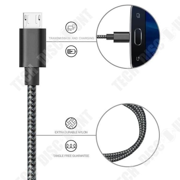 TD®-paket med 3 mikro-USB-kablar 2M, mikro-USB-laddarkabel för Samsung Galaxy S7 Edge S6 S5 S4 S3, Note 5, WIKO, ASUS, HUAWEI, HTC, LG