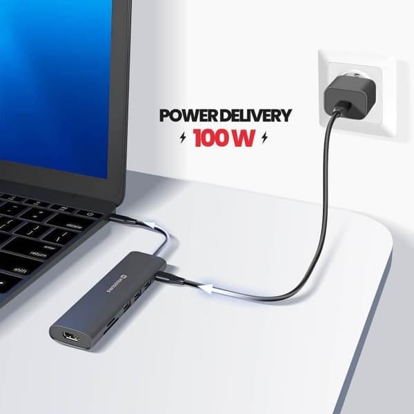 USB-C-hubb till USB-C 100W + HDMI + USB + SD / micro-SD-kortläsare Swissten Svart