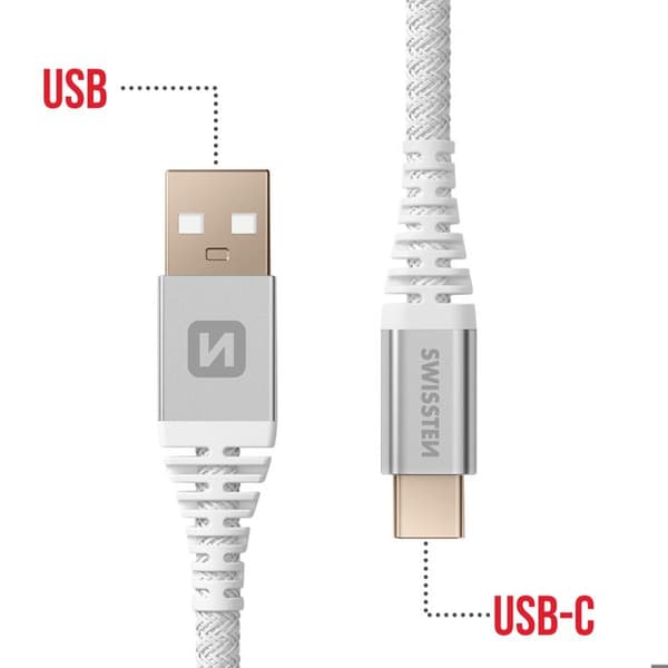 USB-kabel till USB-C Kevlar Snabbladdning Swissten Vit