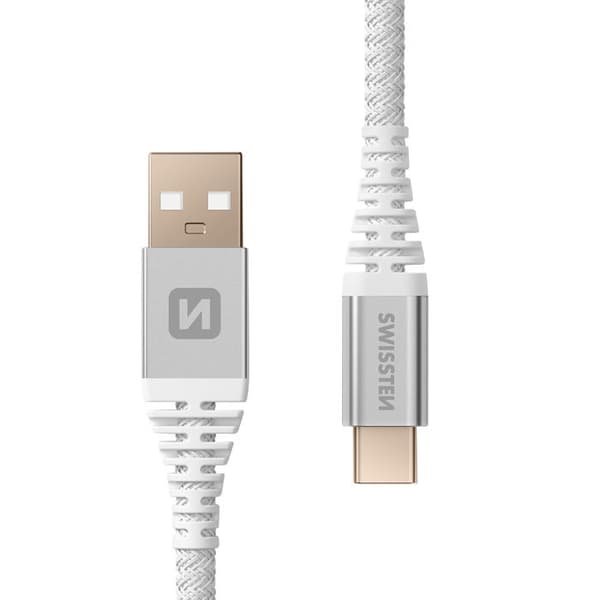 USB-kabel till USB-C Kevlar Snabbladdning Swissten Vit