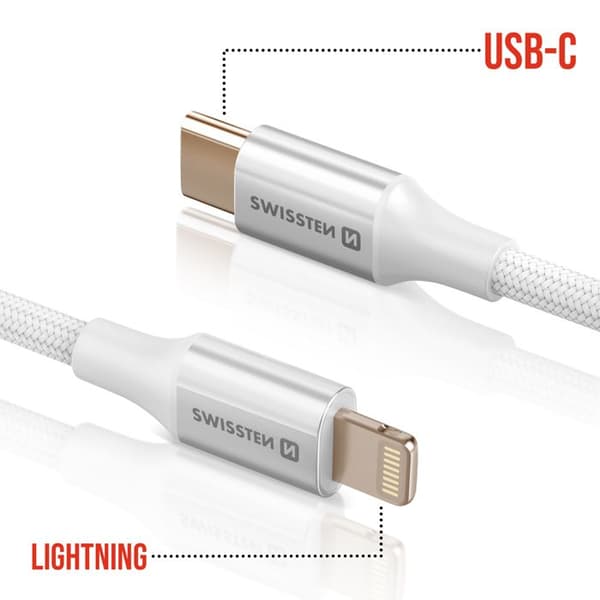 USB-C till Lightning Sladd Trasselskyddad Svart Swissten Vit