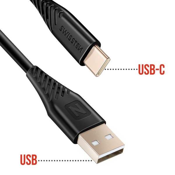 USB-kabel till USB-C 60W Silikon Anti-knut Swissten Svart