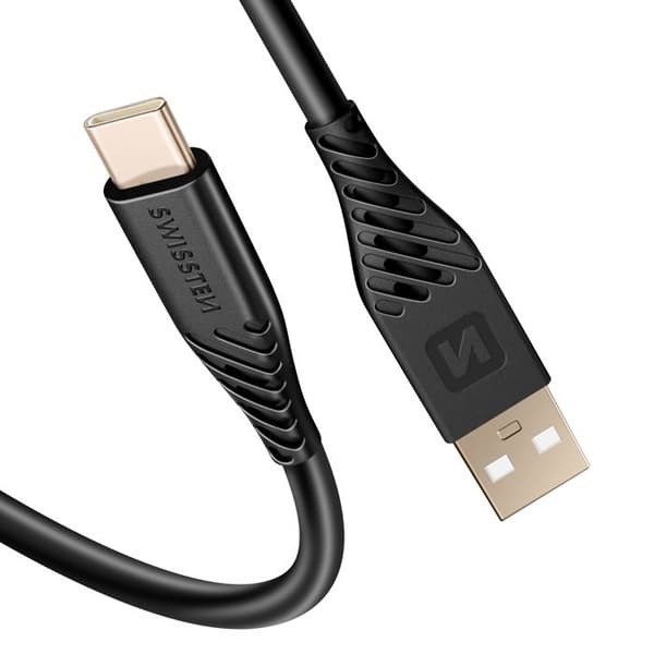 USB-kabel till USB-C 60W Silikon Anti-knut Swissten Svart